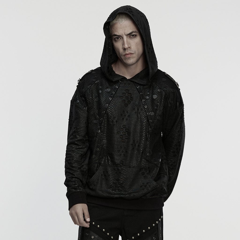 PUNK RAVE Men's Punk Eyelets Ripped Loose Hoodie
