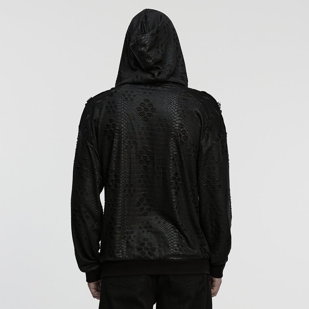 PUNK RAVE Men's Punk Eyelets Ripped Loose Hoodie