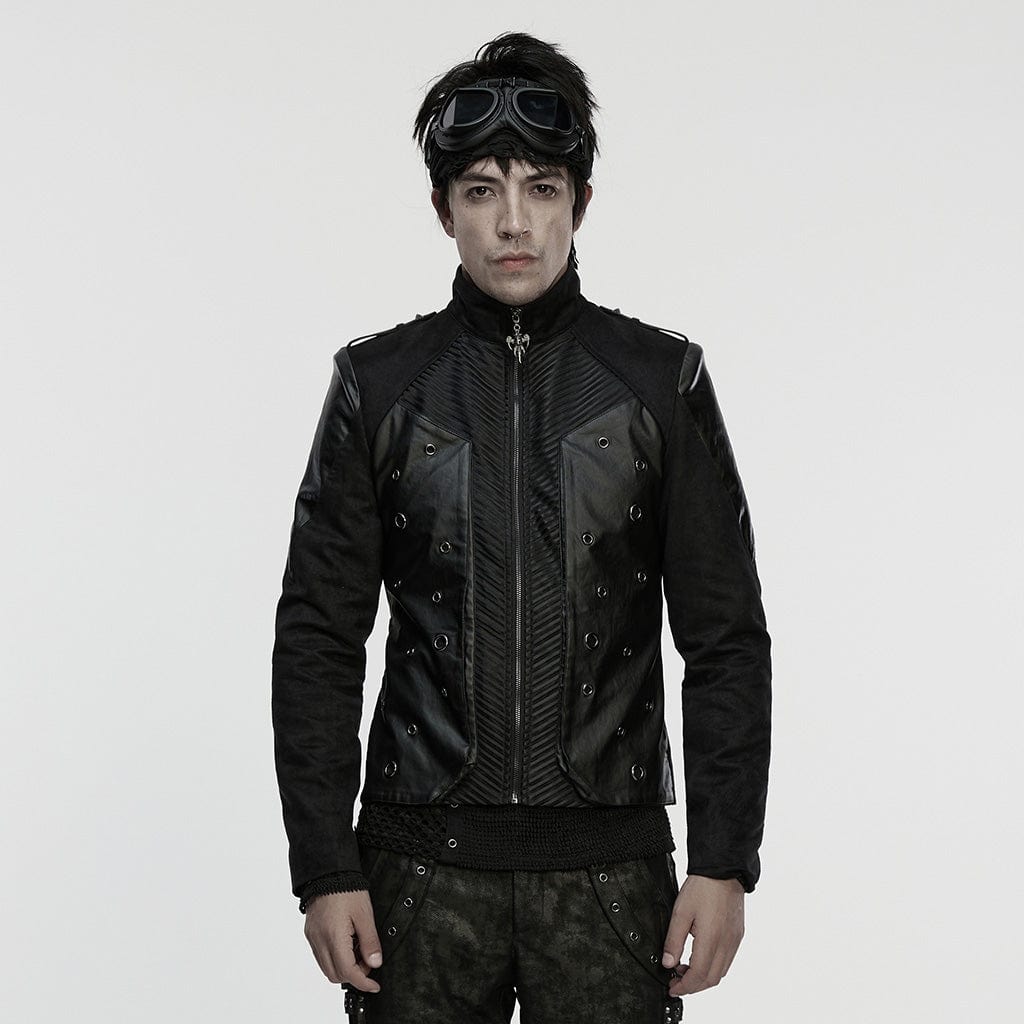 PUNK RAVE Men's Punk Eyelets Zip Stand Collar Jacket