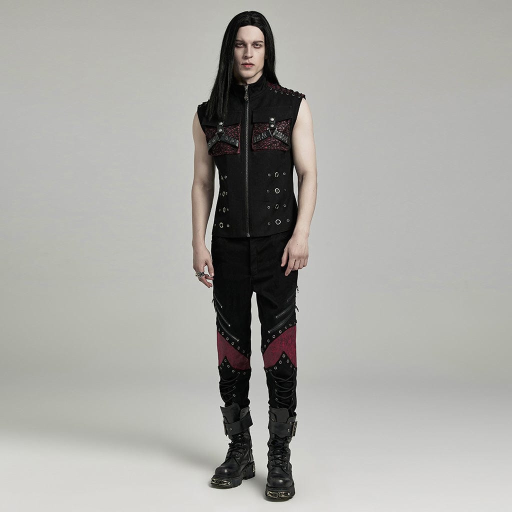 PUNK RAVE Men's Punk Faux Leather Big-pocket Black Red Vest