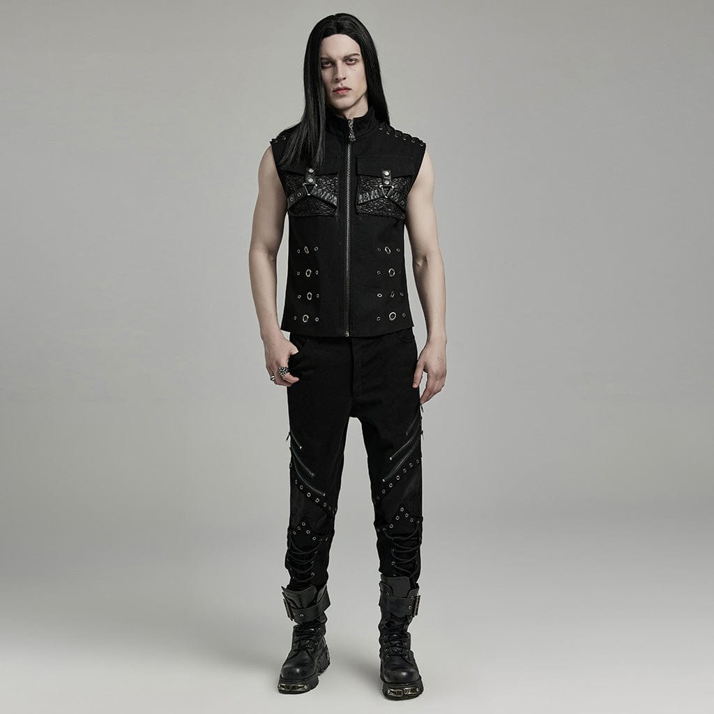 PUNK RAVE Men's Punk Faux Leather Big-pocket Eyelets Vest