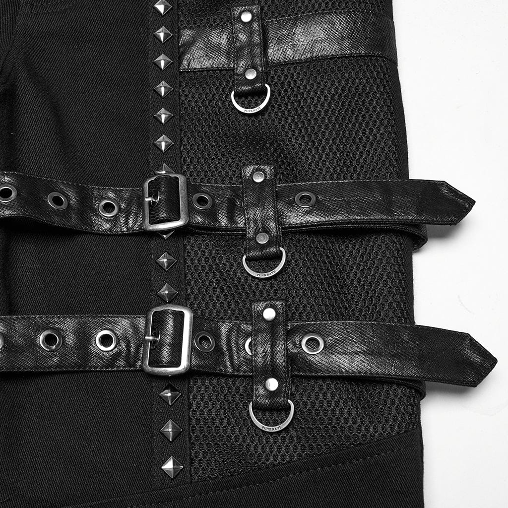 Pantalones cortos PUNK RAVE de piel sintética punk con tachuelas y hebillas para hombre