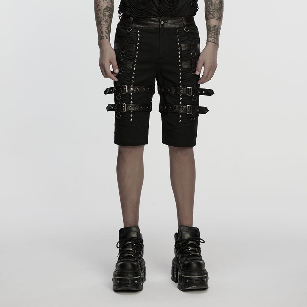 Pantalones cortos PUNK RAVE de piel sintética punk con tachuelas y hebillas para hombre