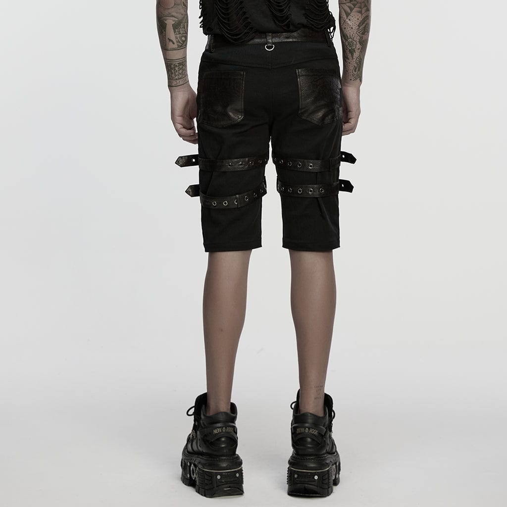 Pantalones cortos PUNK RAVE de piel sintética punk con tachuelas y hebillas para hombre