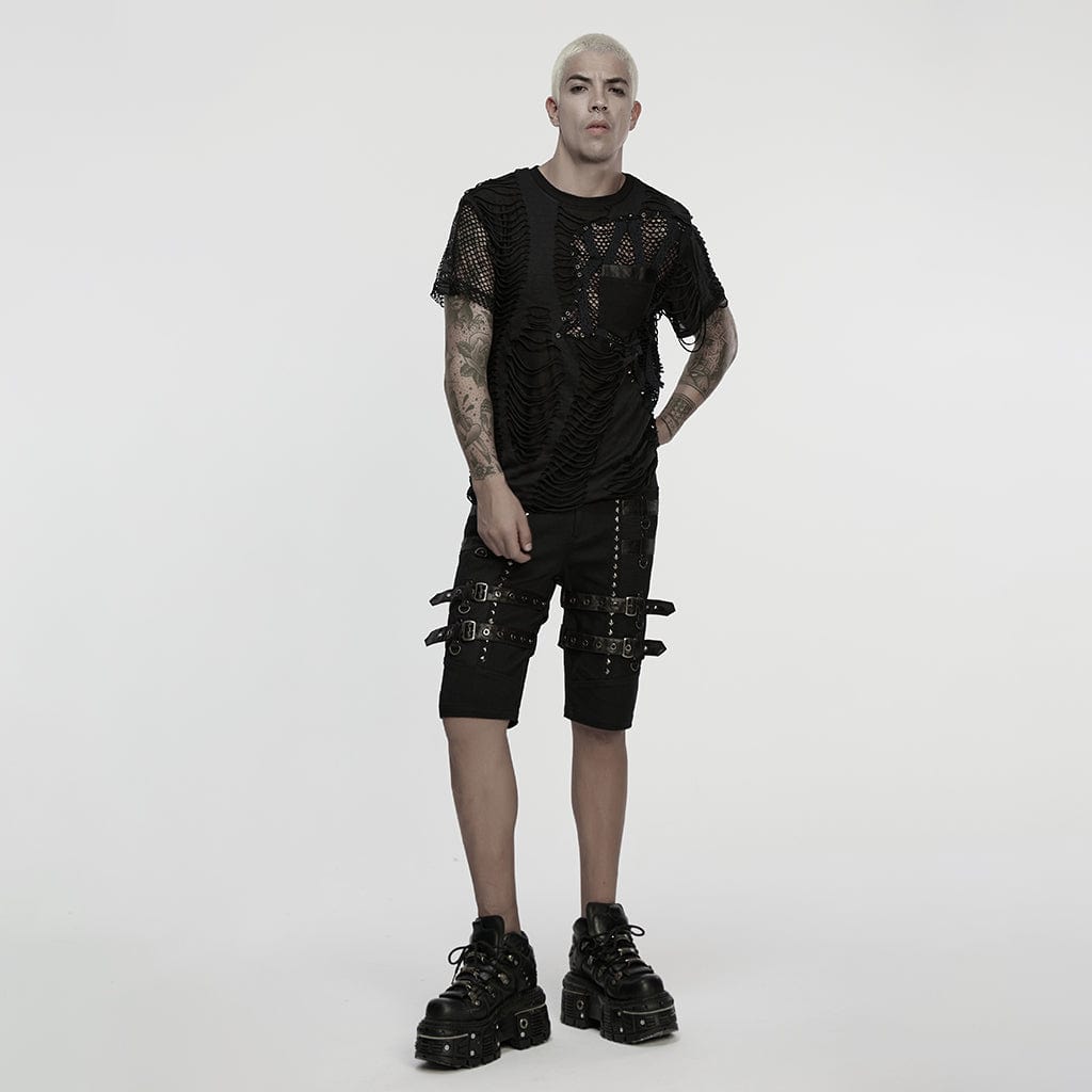 Pantalones cortos PUNK RAVE de piel sintética punk con tachuelas y hebillas para hombre