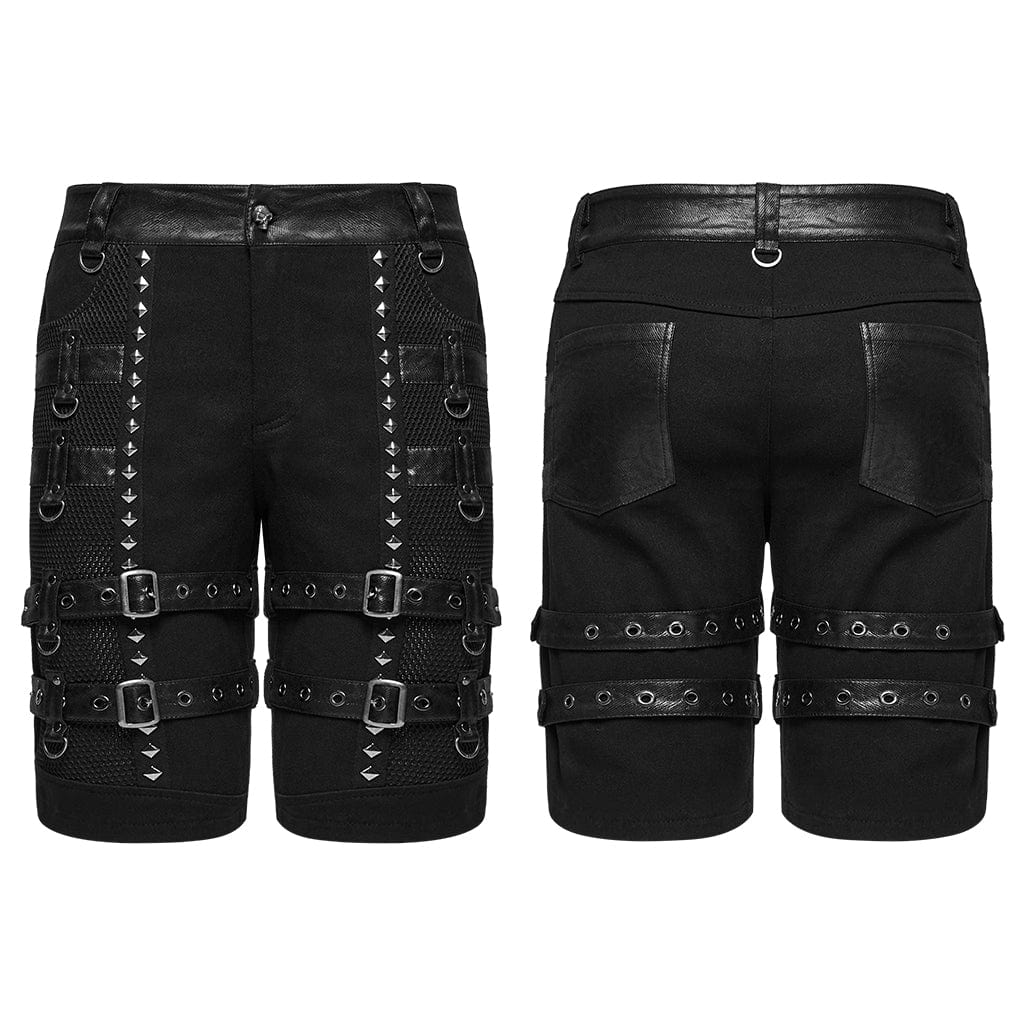 Pantalones cortos PUNK RAVE de piel sintética punk con tachuelas y hebillas para hombre