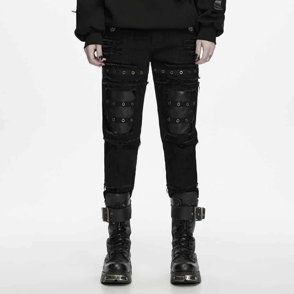 PUNK RAVE Men's Punk Frayed Raw Edge Eyelet Patchwork Pants