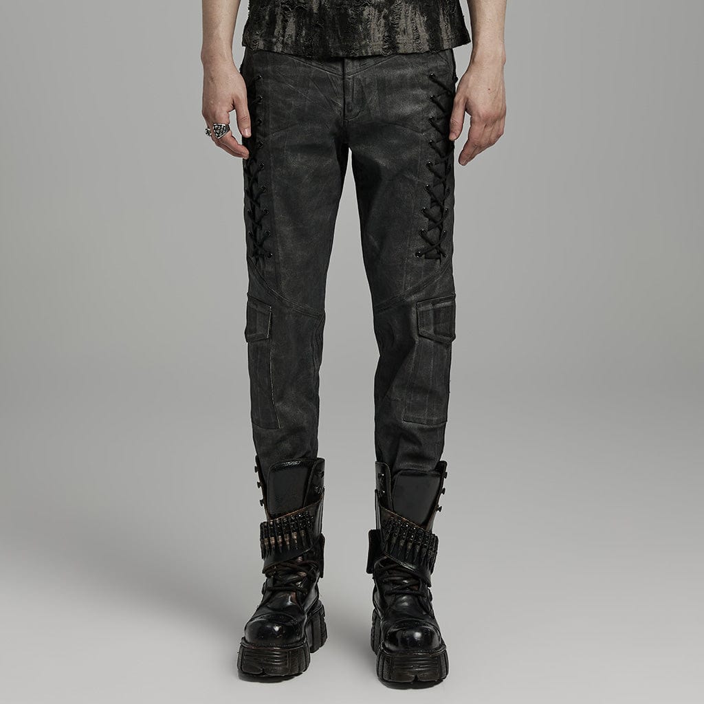 PUNK RAVE Men's Punk Gothic Big-pocket Strappy Black Grey Pants