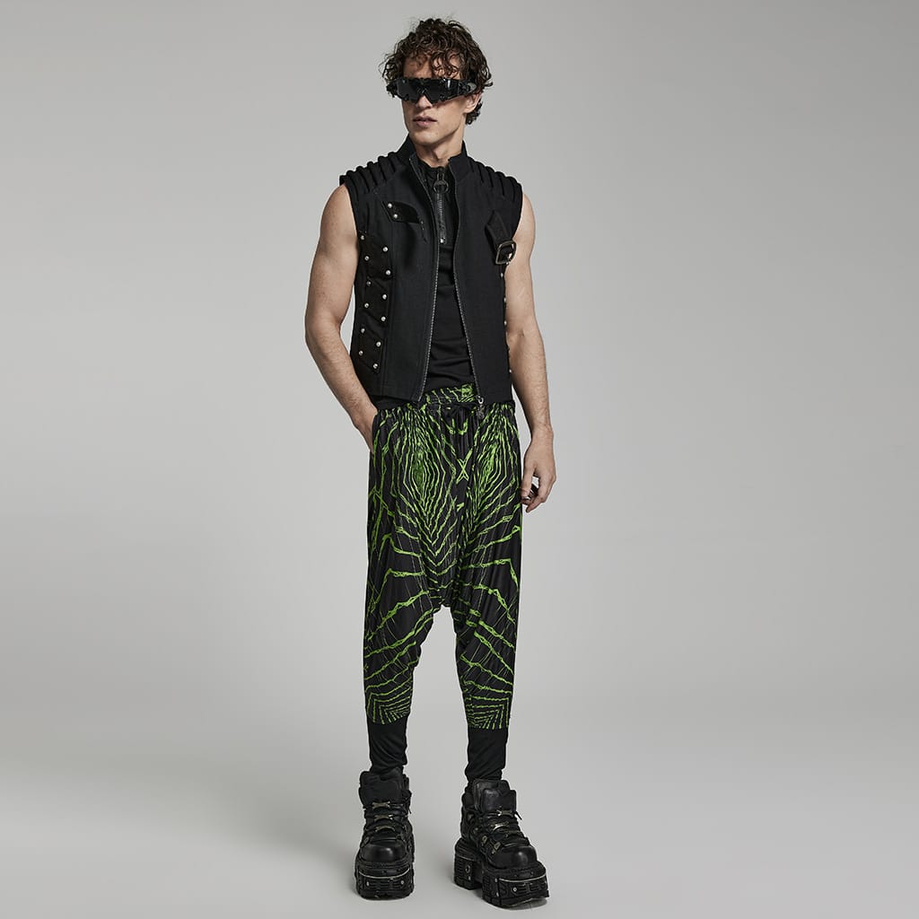 PUNK RAVE Men's Punk Halo Printed Sagging Pants Black-green