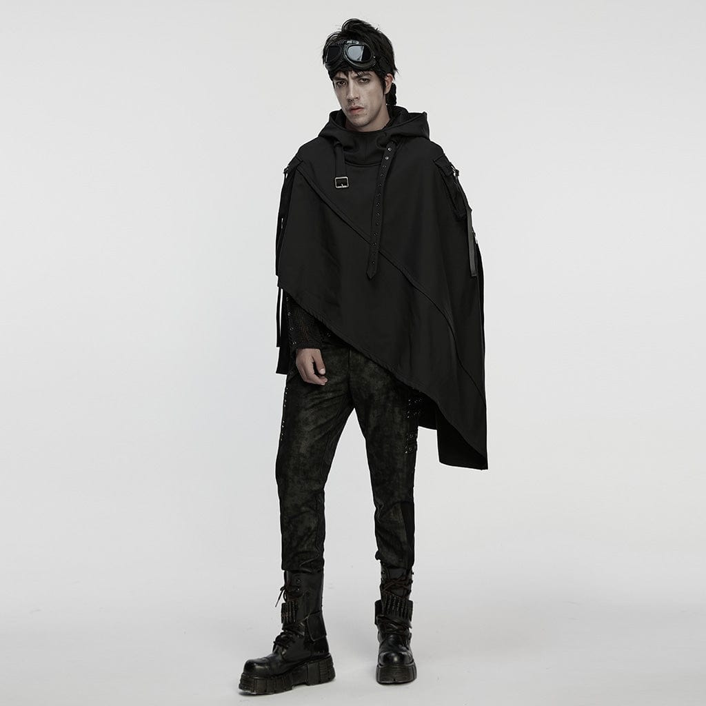 PUNK RAVE Men's Punk Irregular Buckle Strap Hooded Cloak
