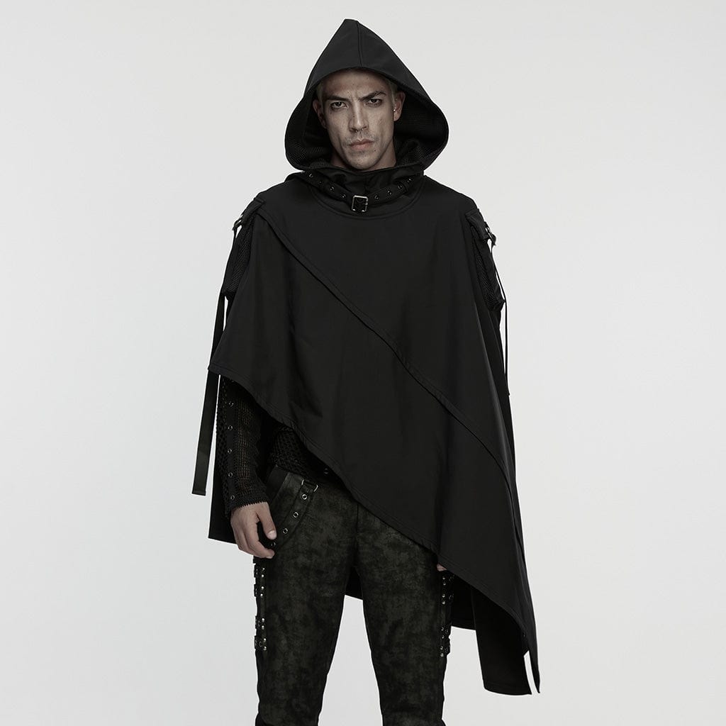 PUNK RAVE Men's Punk Irregular Buckle Strap Hooded Cloak