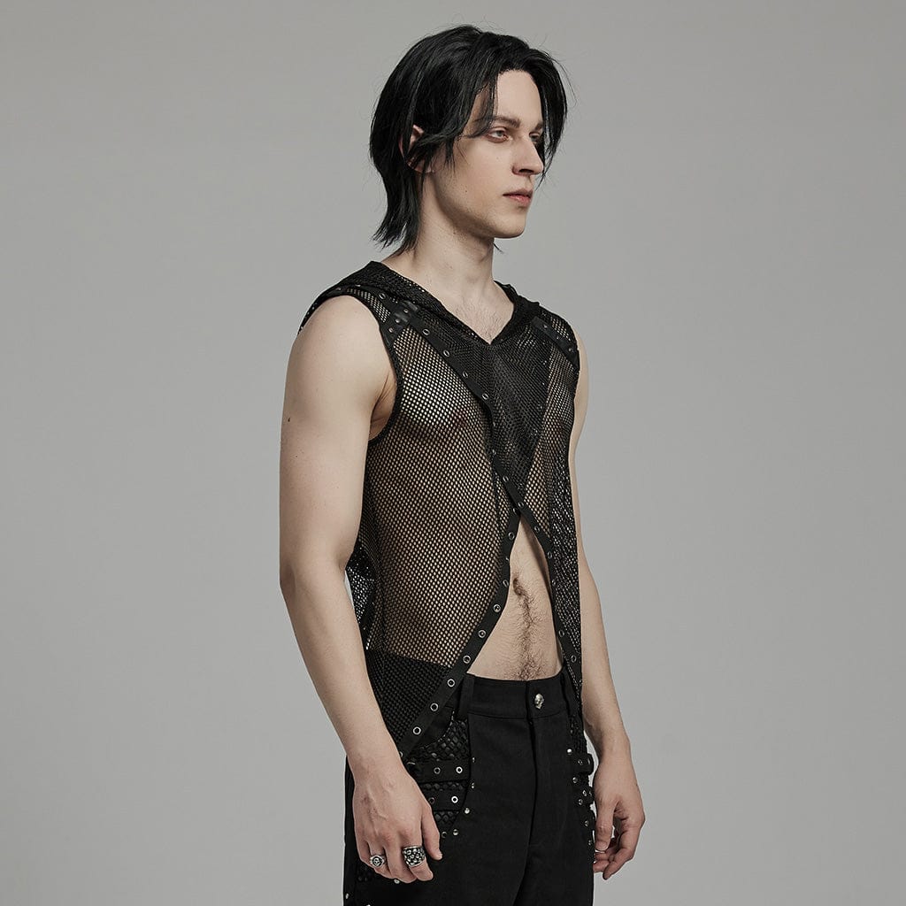 PUNK RAVE Men's Punk Irregular Eyelet Mesh Vest with Hood