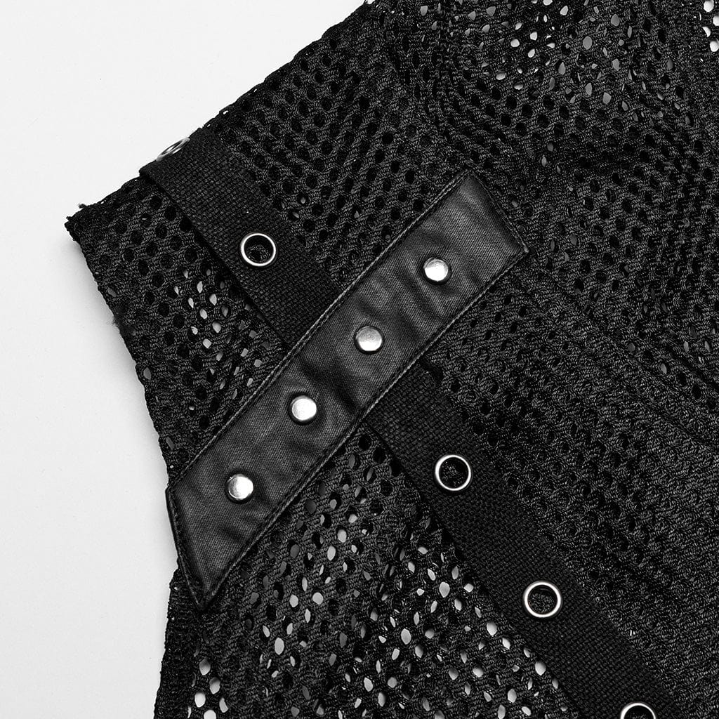 PUNK RAVE Men's Punk Irregular Eyelet Mesh Vest with Hood