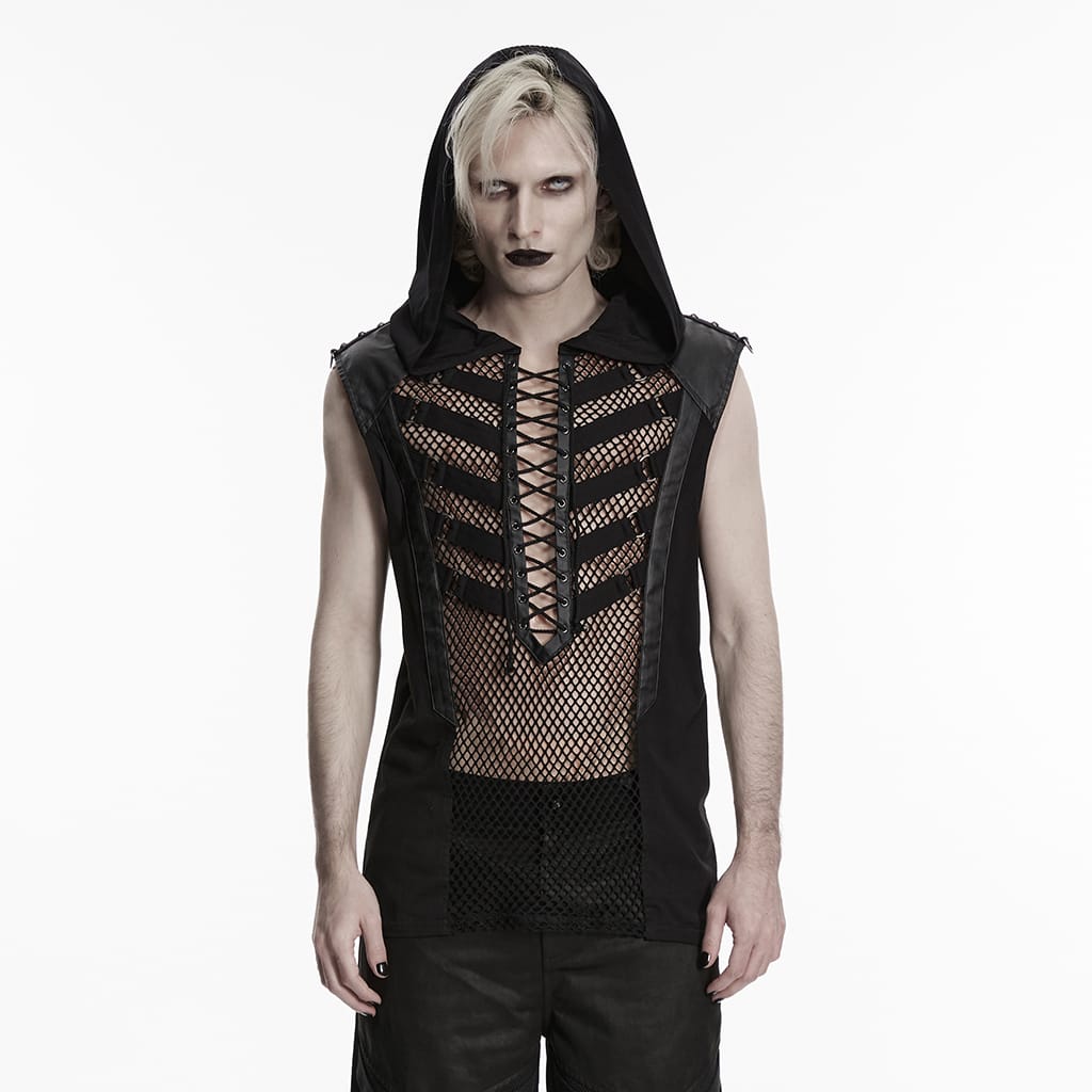 PUNK RAVE Men's Punk Lace-up Mesh Splice Hooded Tank Top