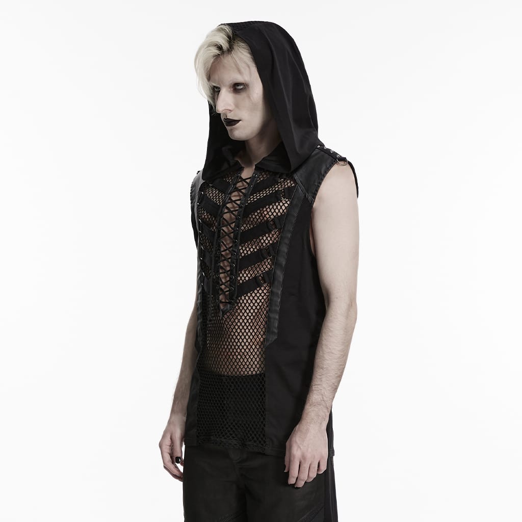 PUNK RAVE Men's Punk Lace-up Mesh Splice Hooded Tank Top