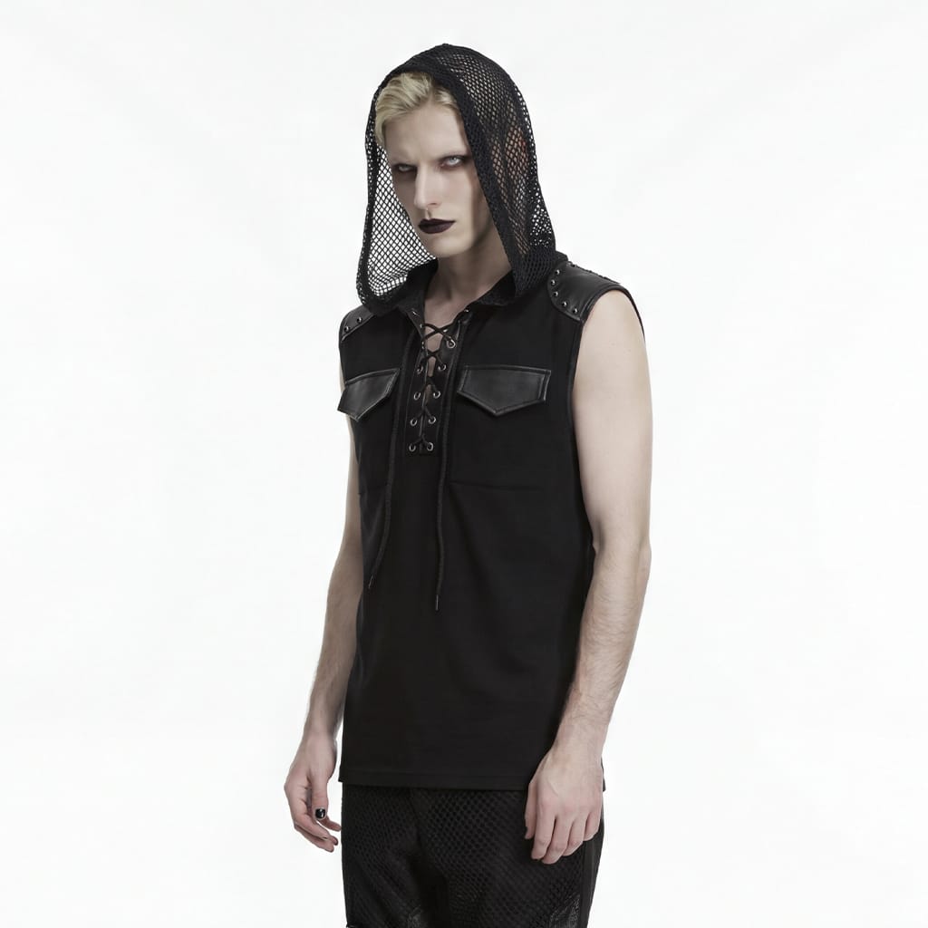 Men's Punk Lace-up Patchwork Hooded Tank Top Black - Punk Design