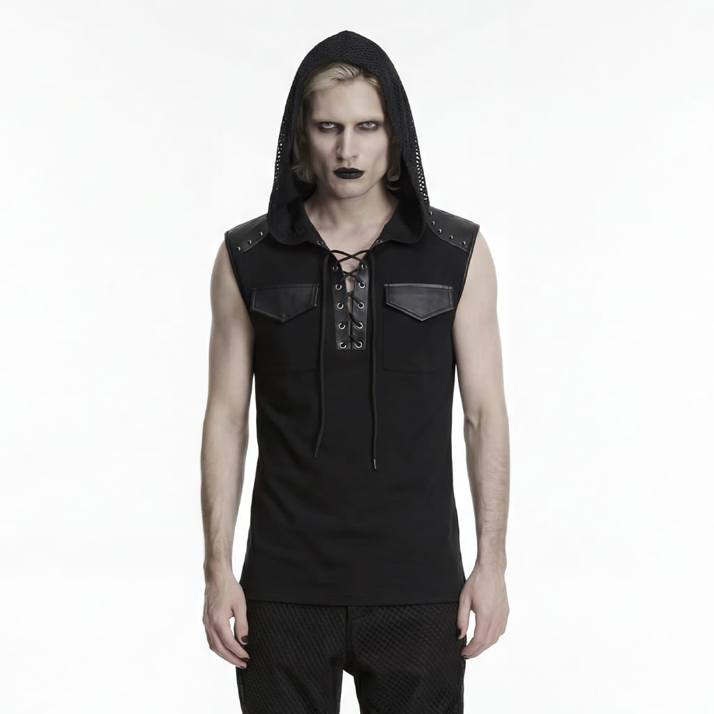 Men's Punk Lace-up Patchwork Hooded Tank Top Black - Punk Design