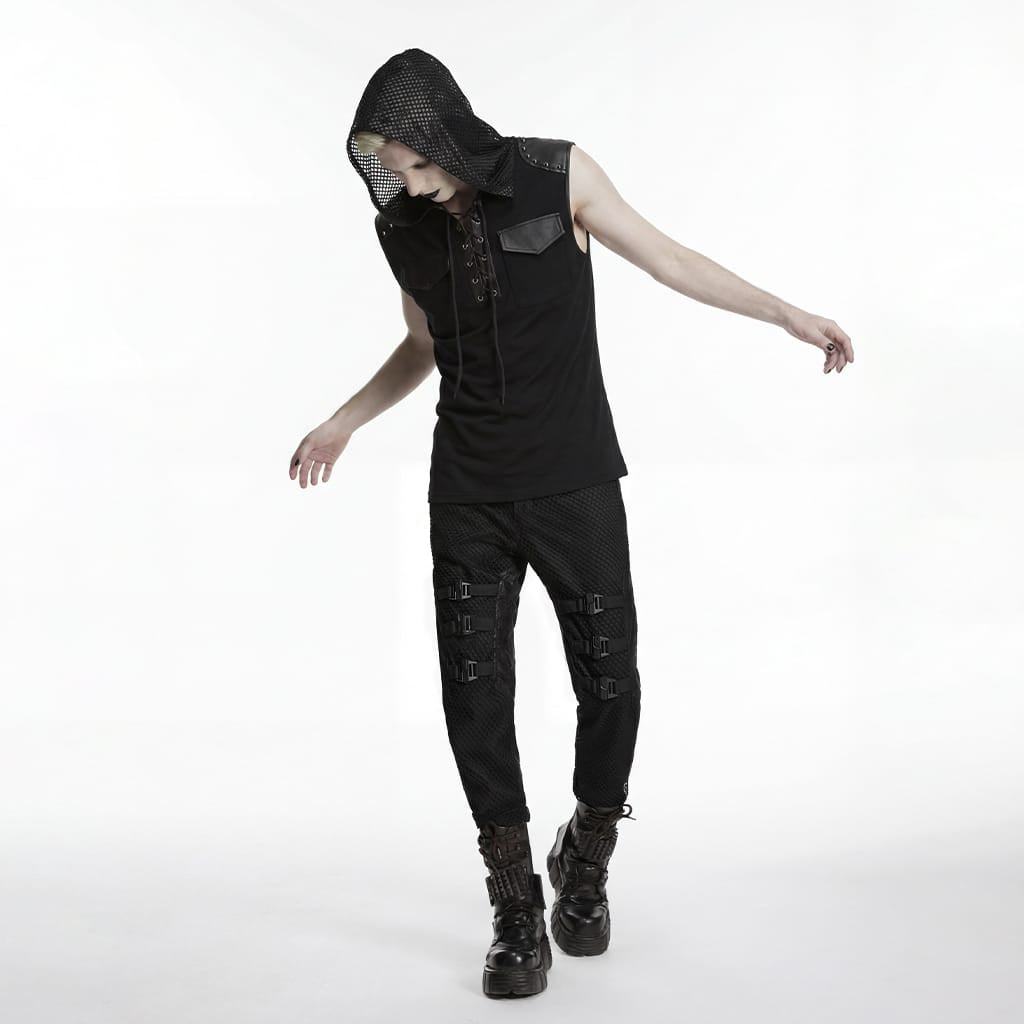 Men's Punk Lace-up Patchwork Hooded Tank Top Black - Punk Design