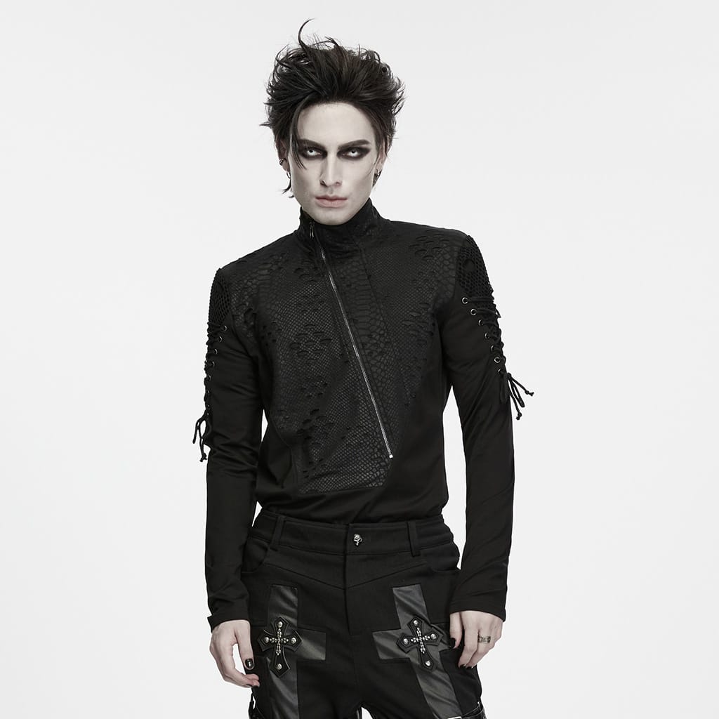 PUNK RAVE Men's Punk Lace-up Zipper Turtle Neck Long Sleeve Top