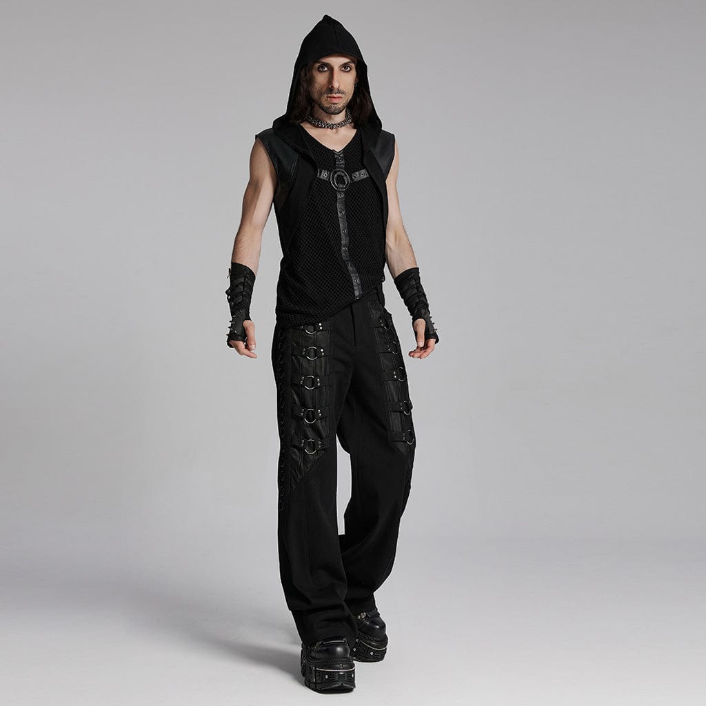 PUNK RAVE Men's Punk Mesh Eyelets Vest with Hood