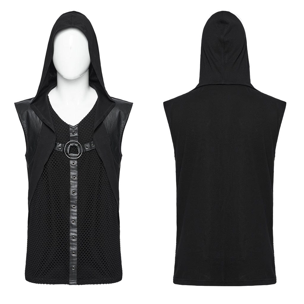 PUNK RAVE Men's Punk Mesh Eyelets Vest with Hood