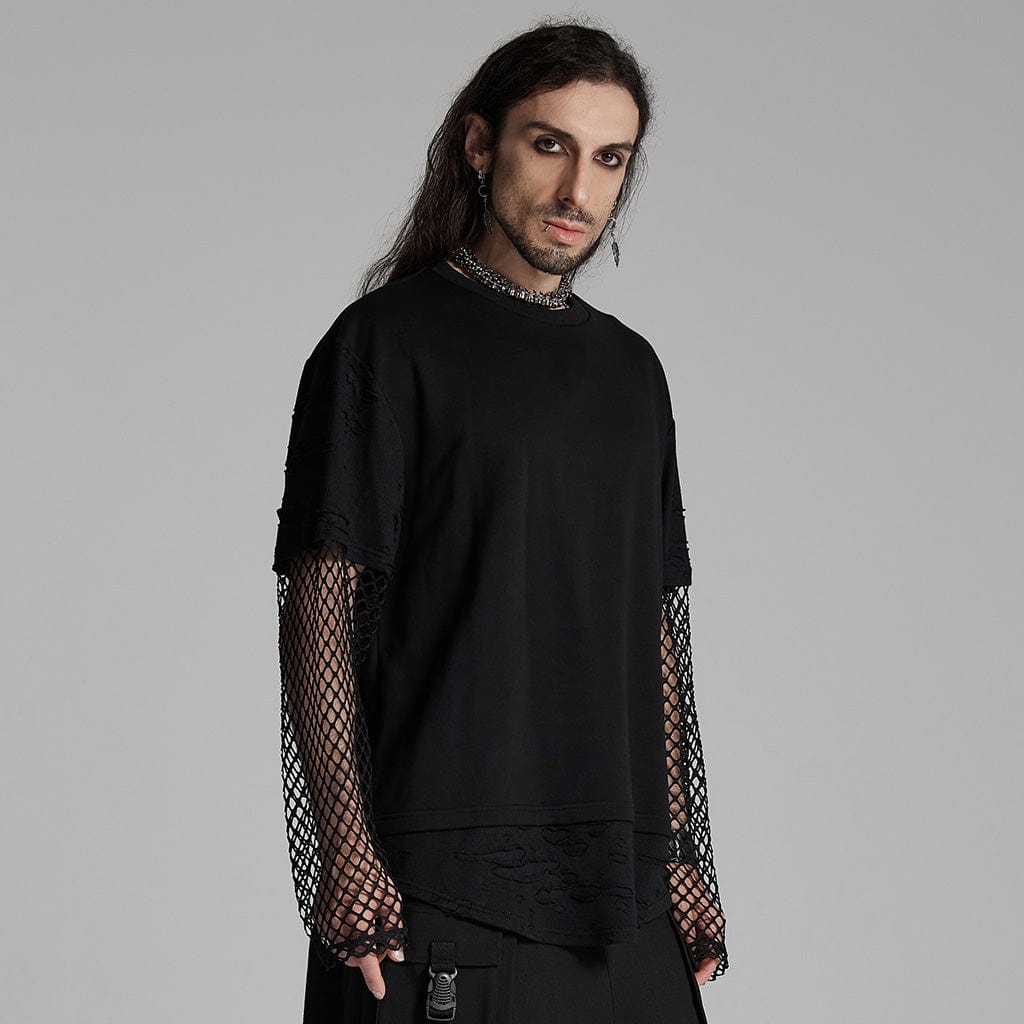 PUNK RAVE Men's Punk Mesh Ripped T-shirt