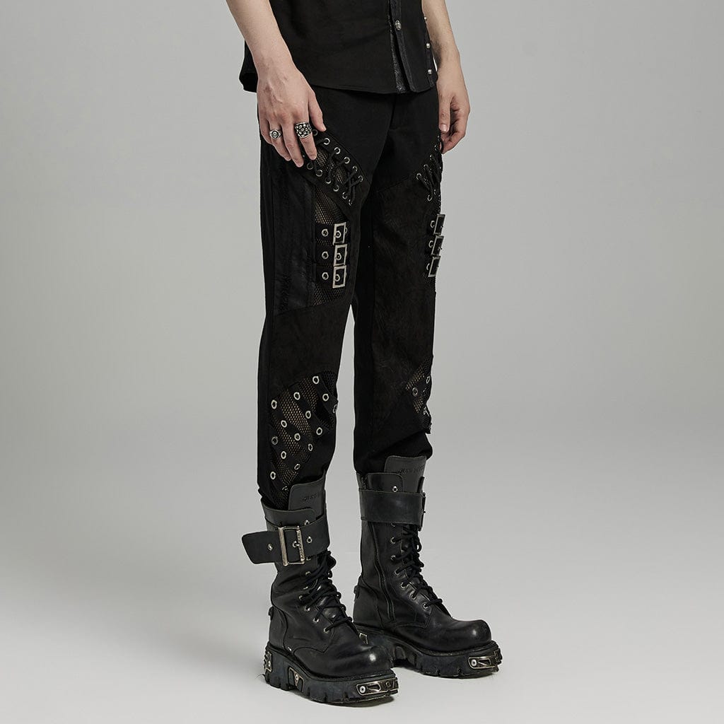 PUNK RAVE Men's Punk Mesh Splice Bucket Straps Pants