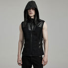 PUNK RAVE Men's Punk Mesh Splice Faux Leather Vest with Hood
