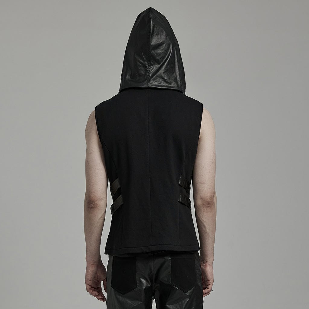 PUNK RAVE Men's Punk Mesh Splice Faux Leather Vest with Hood