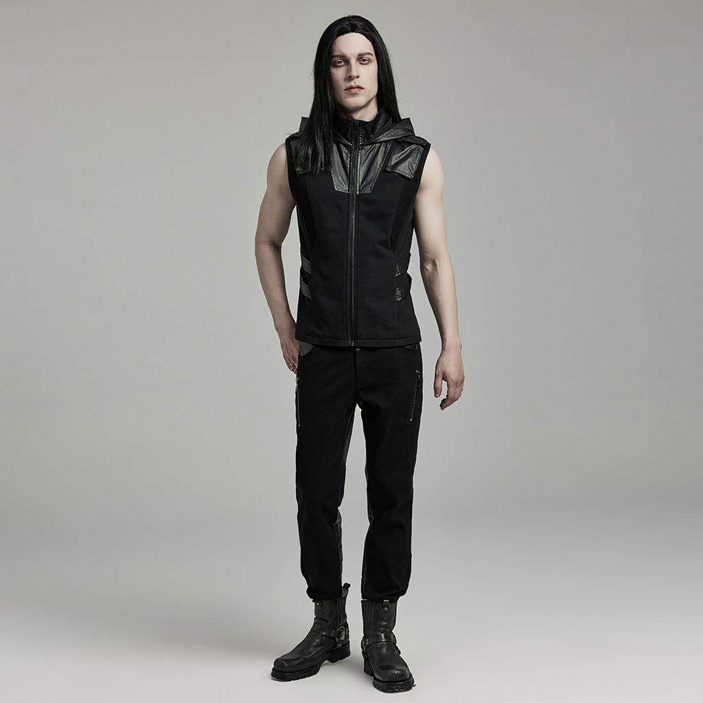 PUNK RAVE Men's Punk Mesh Splice Faux Leather Vest with Hood