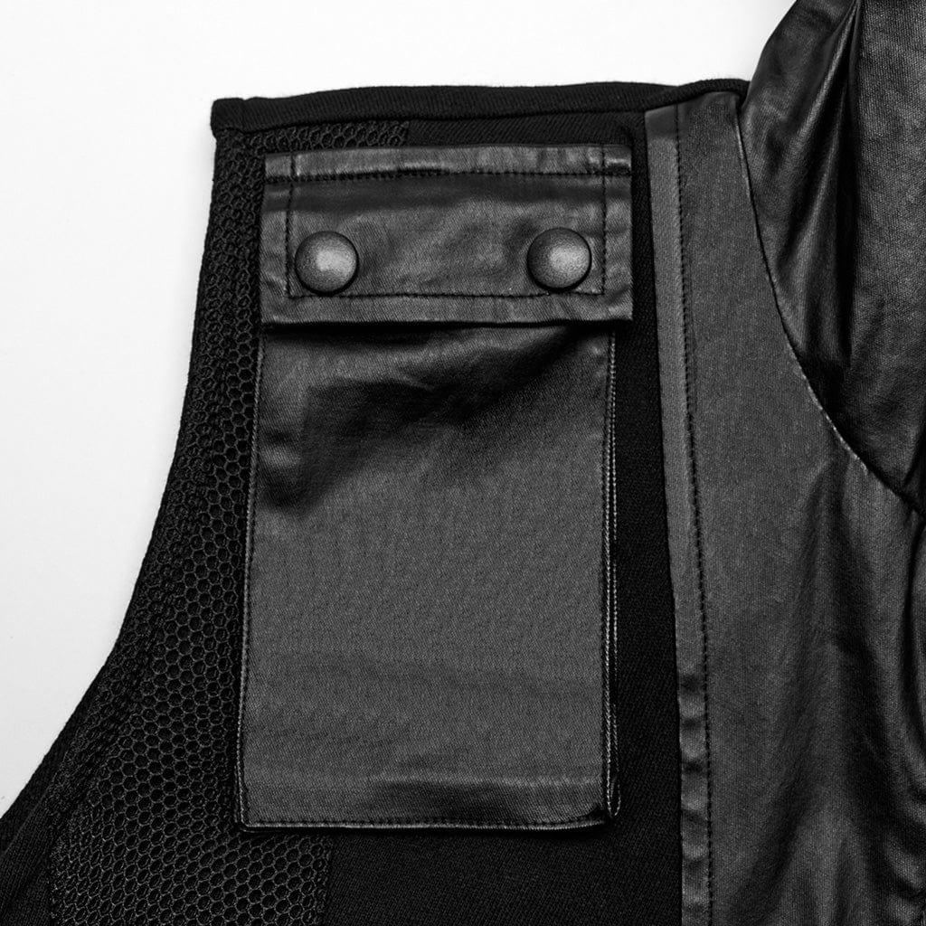 PUNK RAVE Men's Punk Mesh Splice Faux Leather Vest with Hood