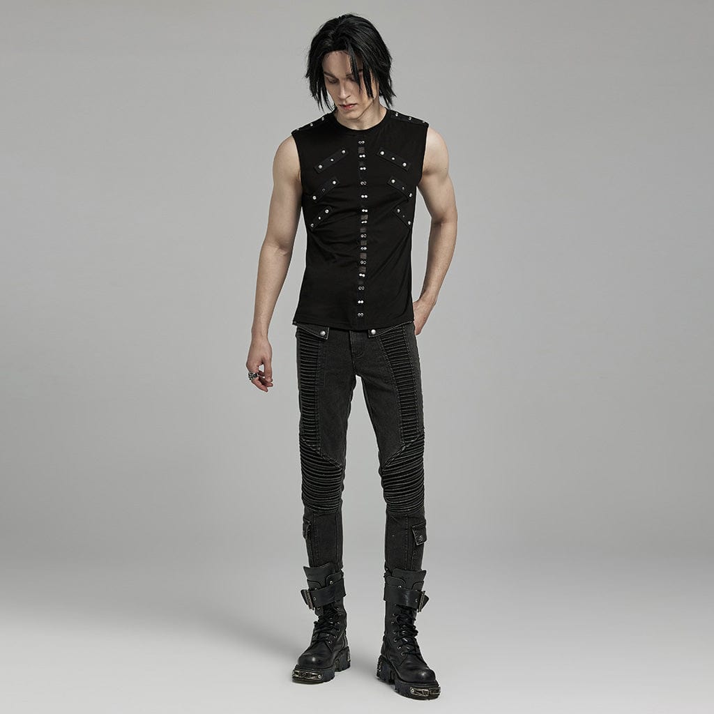 PUNK RAVE Men's Punk Mesh Splice Nailed Straps Tank Top