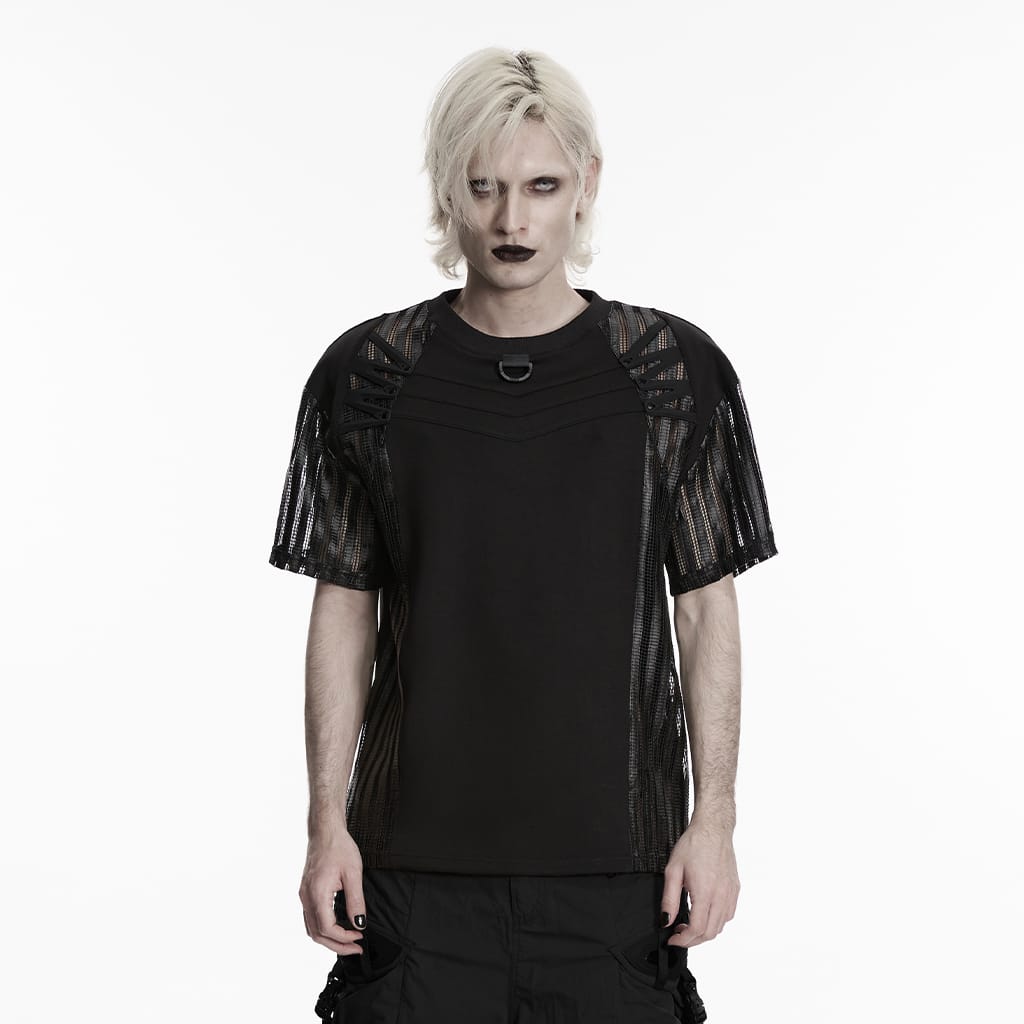 PUNK RAVE Men's Punk Mesh Splice Short Sleeved Top