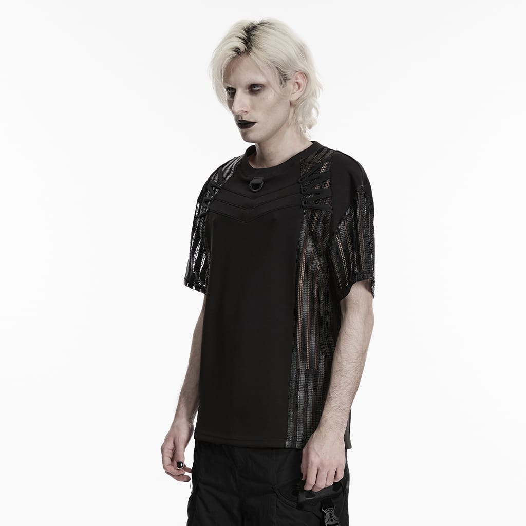PUNK RAVE Men's Punk Mesh Splice Short Sleeved Top