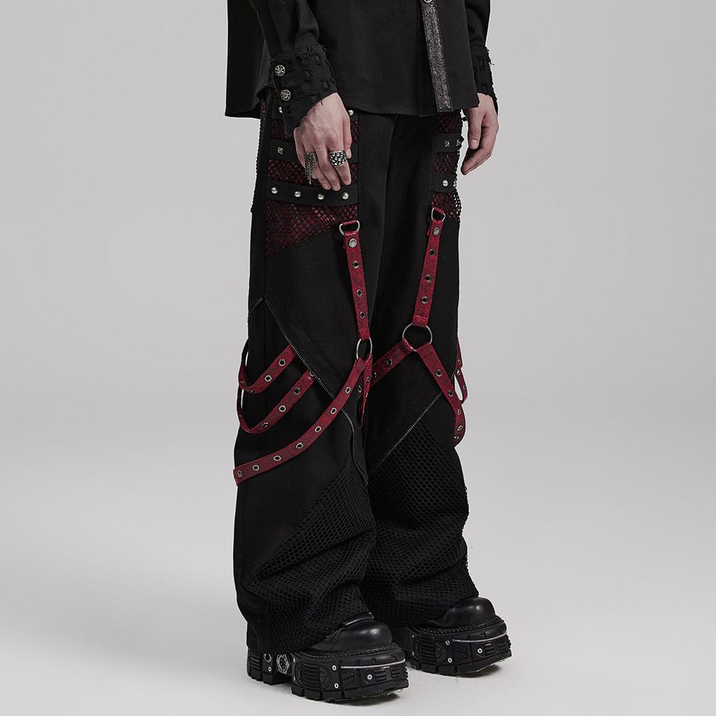 PUNK RAVE Men's Punk Mesh Splice Strappy Trousers