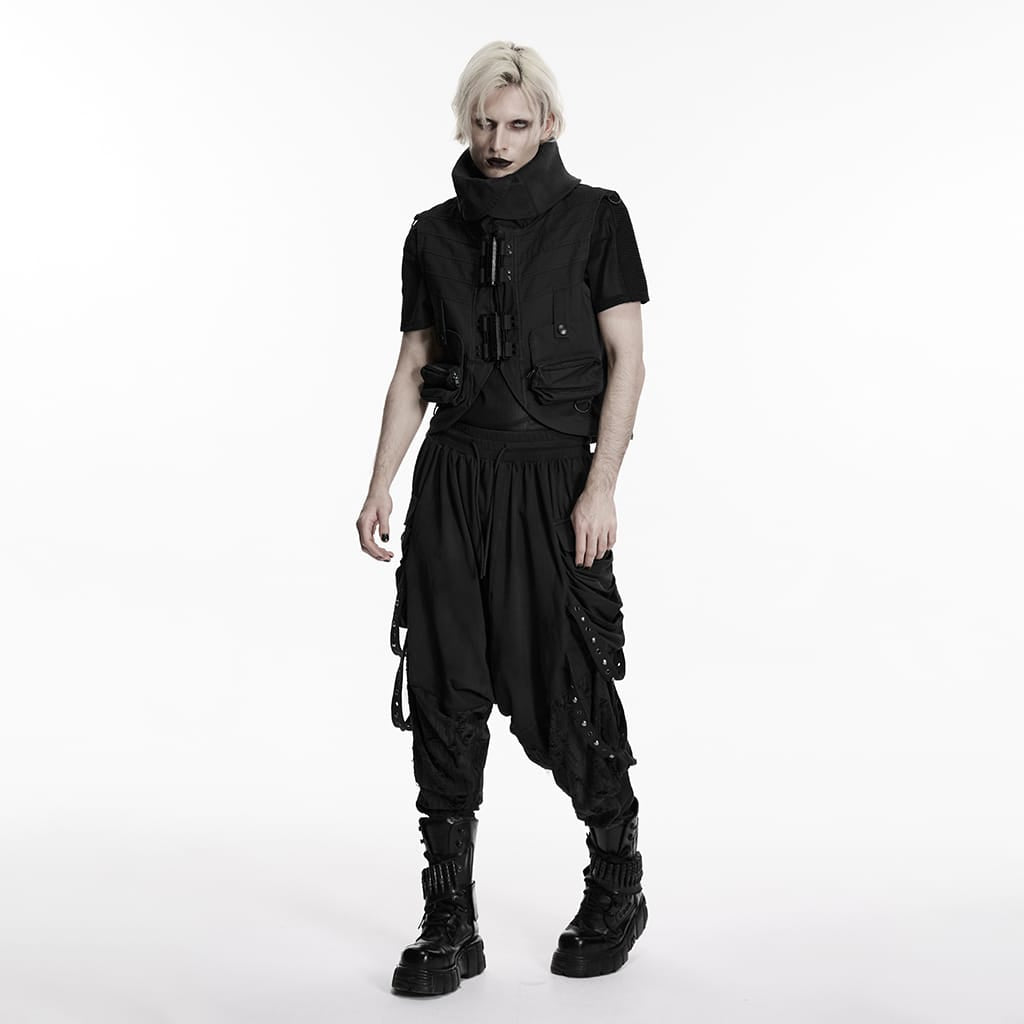 PUNK RAVE Men's Punk Patch Pockets Convertible Collar Vest Black