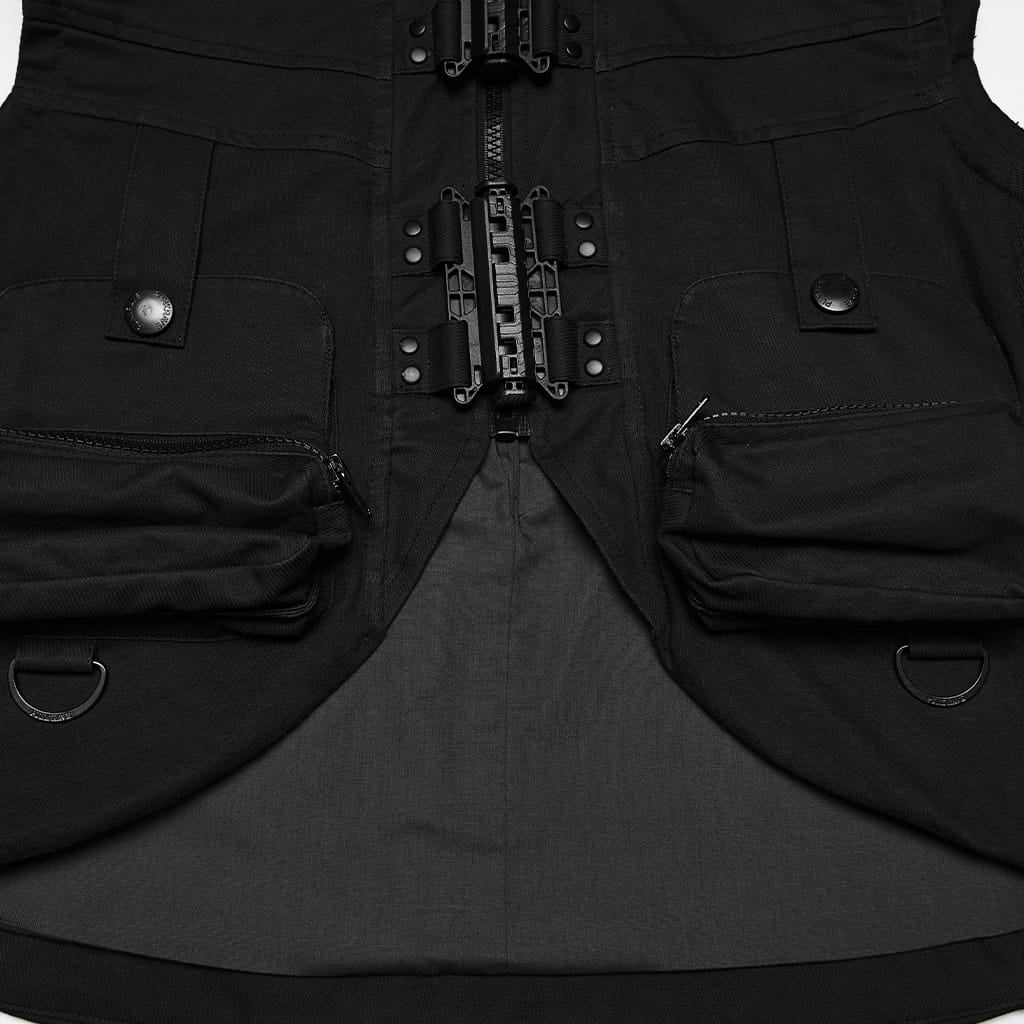 PUNK RAVE Men's Punk Patch Pockets Convertible Collar Vest Black
