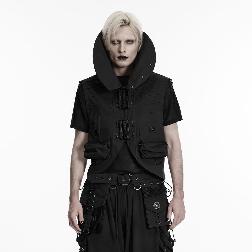 PUNK RAVE Men's Punk Patch Pockets Convertible Collar Vest Black