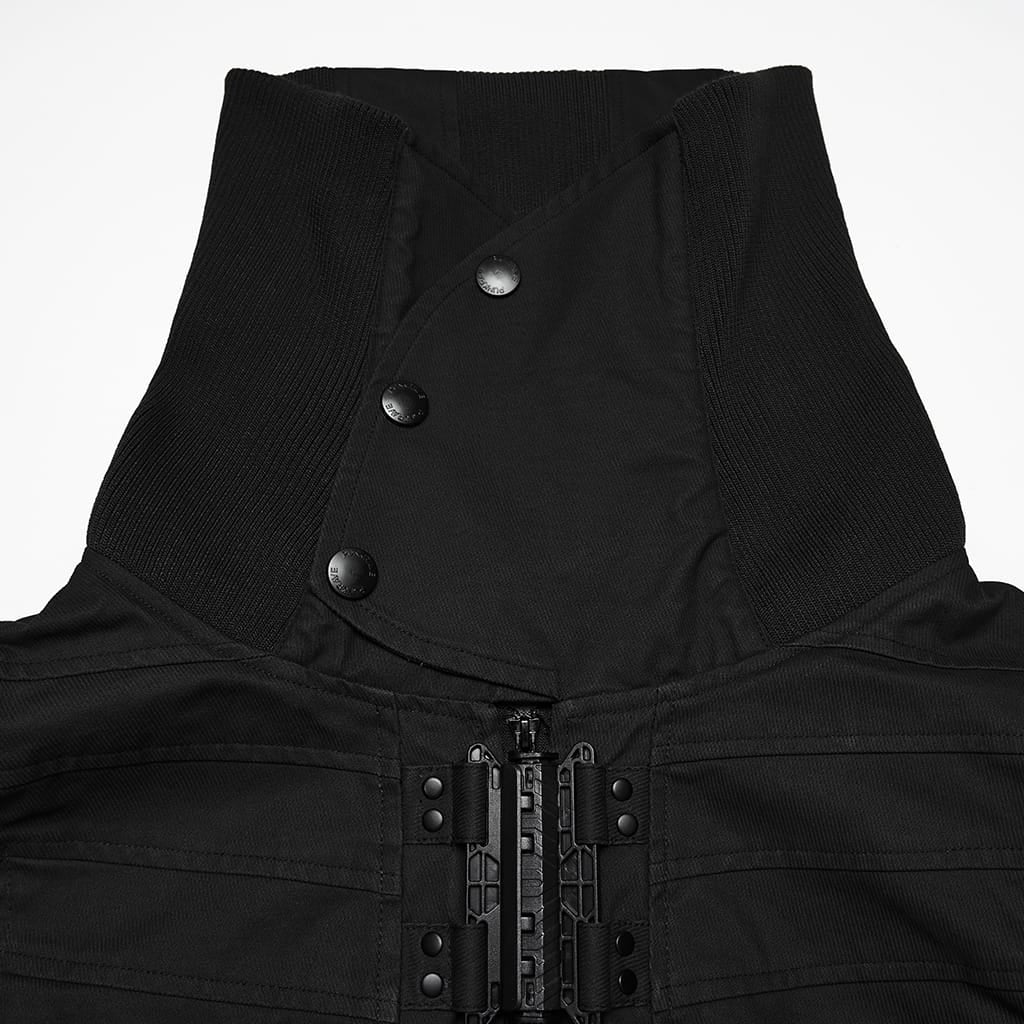 PUNK RAVE Men's Punk Patch Pockets Convertible Collar Vest Black