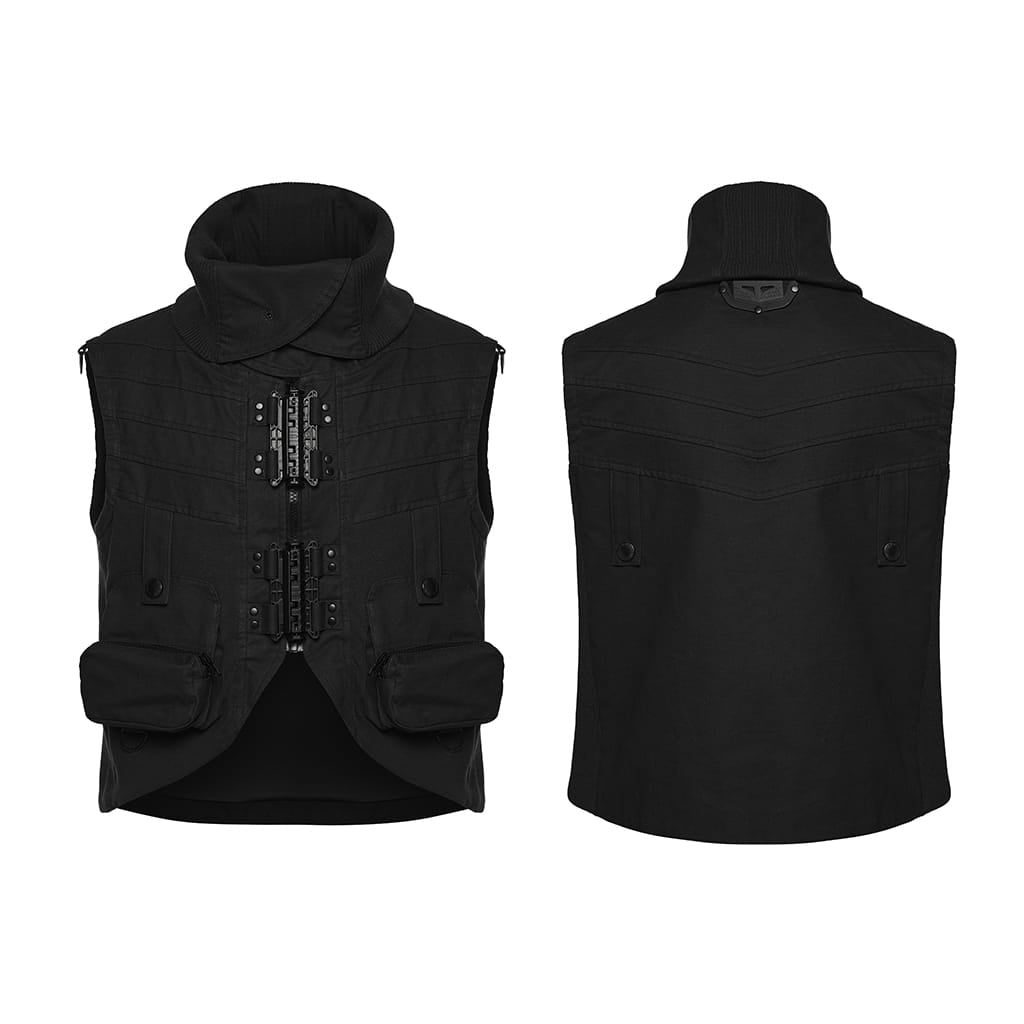 PUNK RAVE Men's Punk Patch Pockets Convertible Collar Vest Black