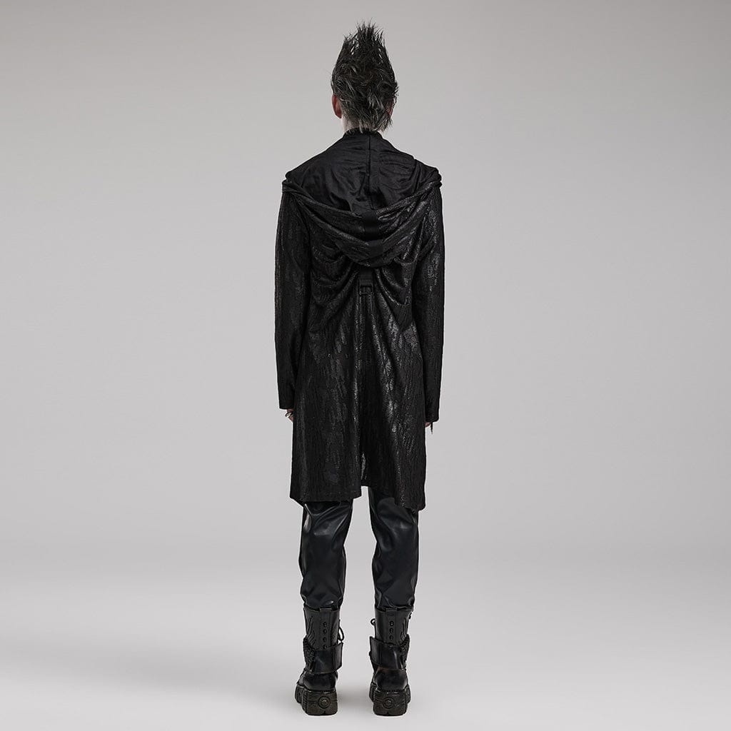PUNK RAVE Men's Punk Pleated Long Coat with a Hood