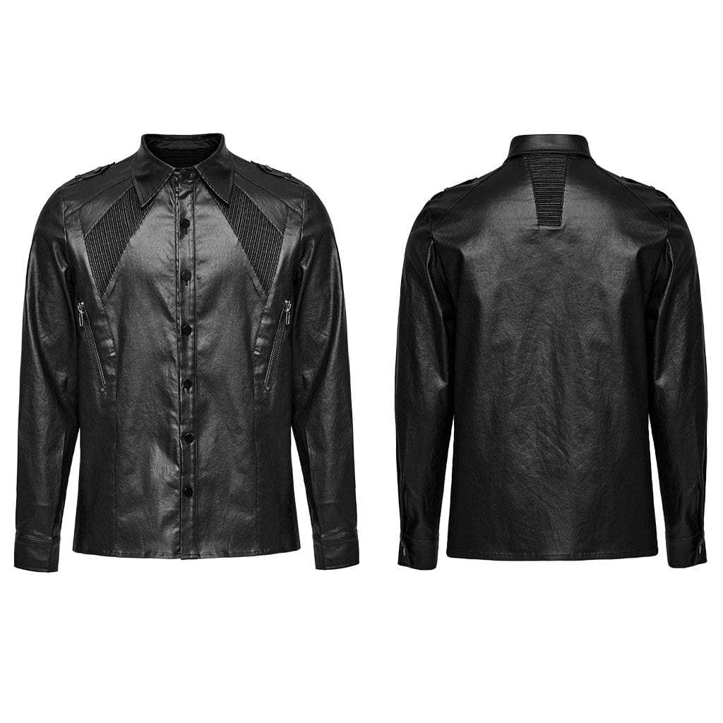 PUNK RAVE Men's Punk Pleated Zipper Faux Leather Shirt