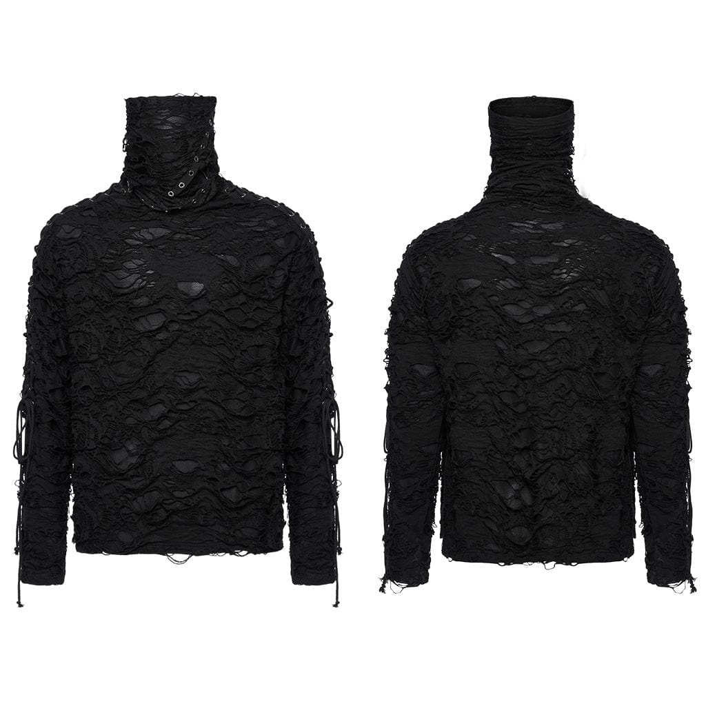 PUNK RAVE Men's Punk Ripped Eyelets Lace-up Shirt