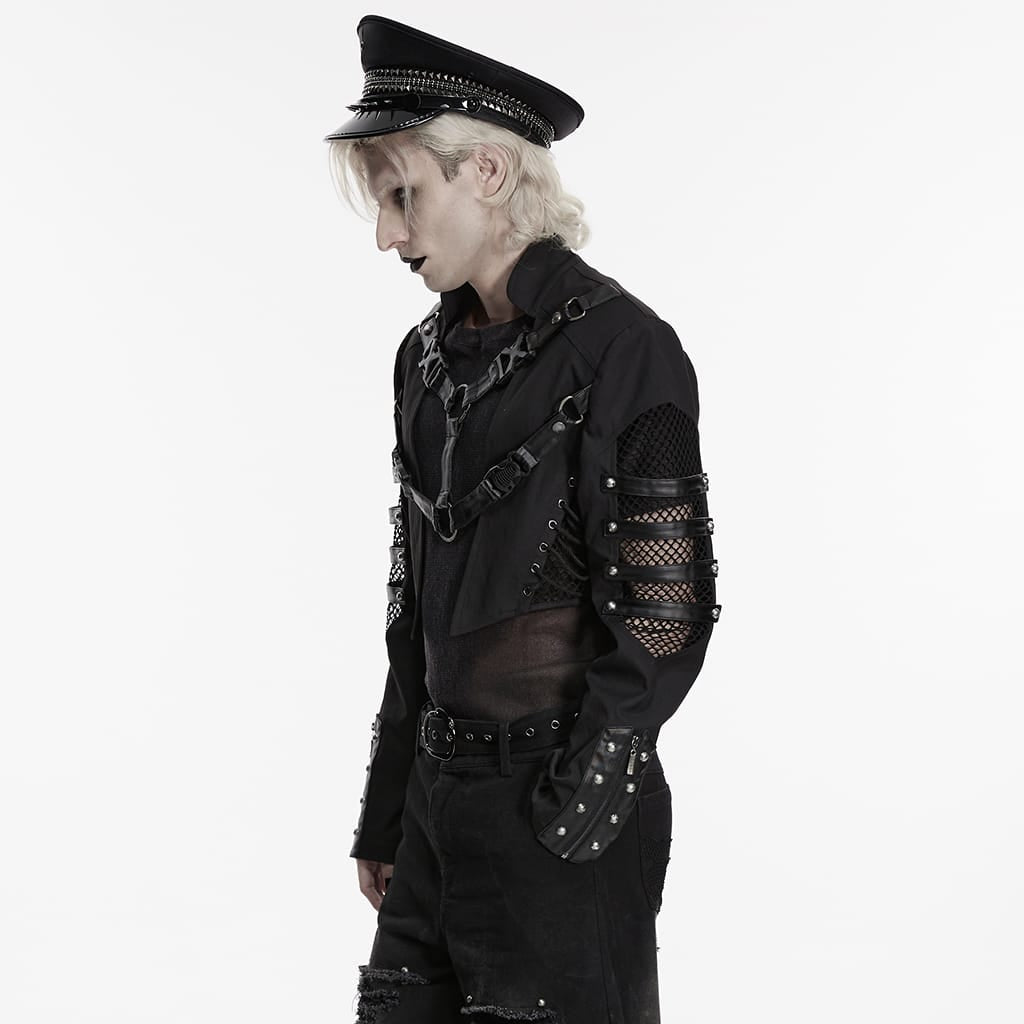 PUNK RAVE Men's Punk Rivet Lace-up Mesh Splice Jacket