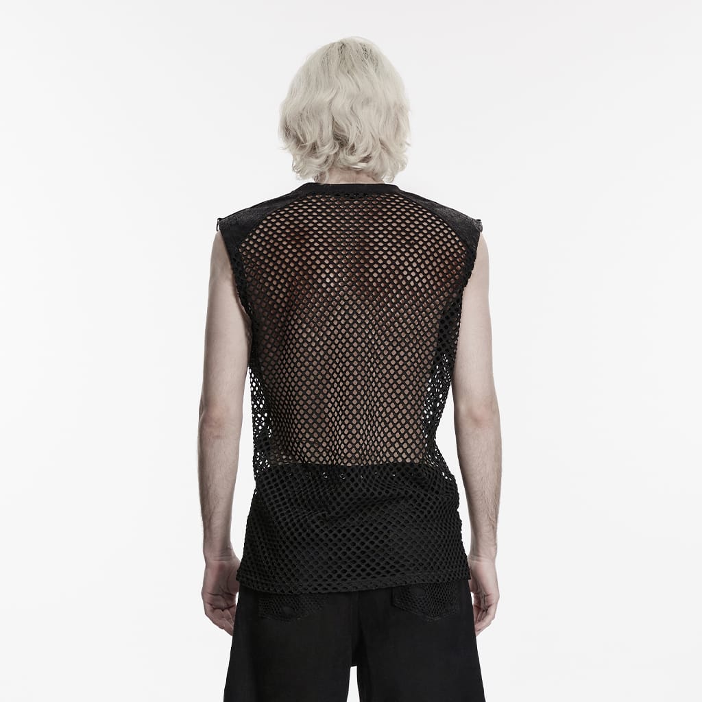 PUNK RAVE Men's Punk Rivet Ripped Mesh Tank Top