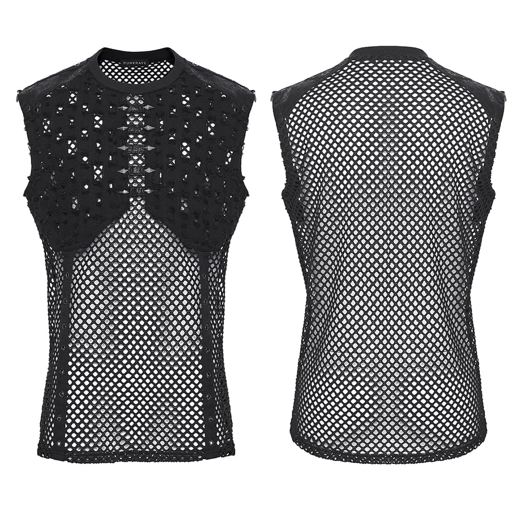 PUNK RAVE Men's Punk Rivet Ripped Mesh Tank Top