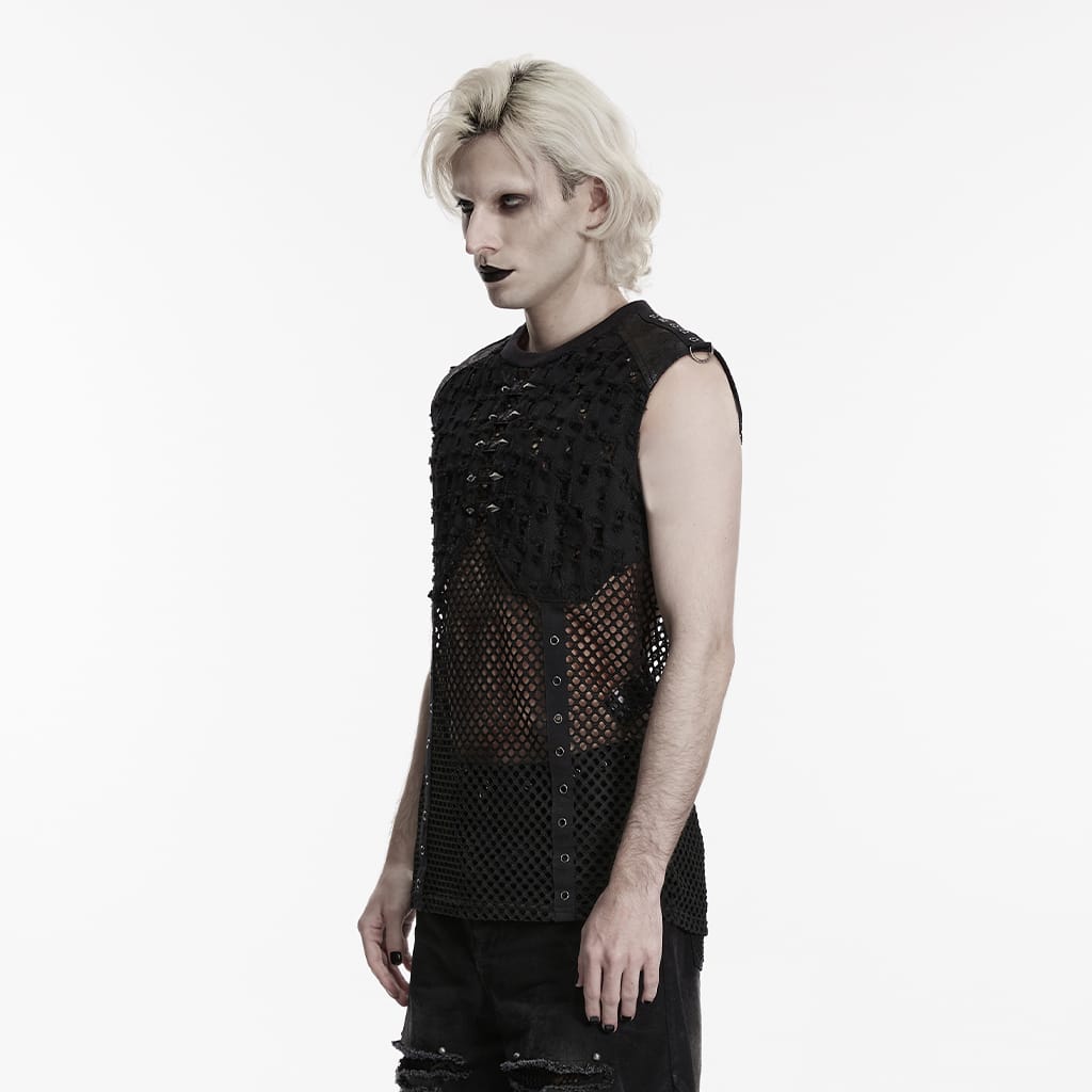 PUNK RAVE Men's Punk Rivet Ripped Mesh Tank Top