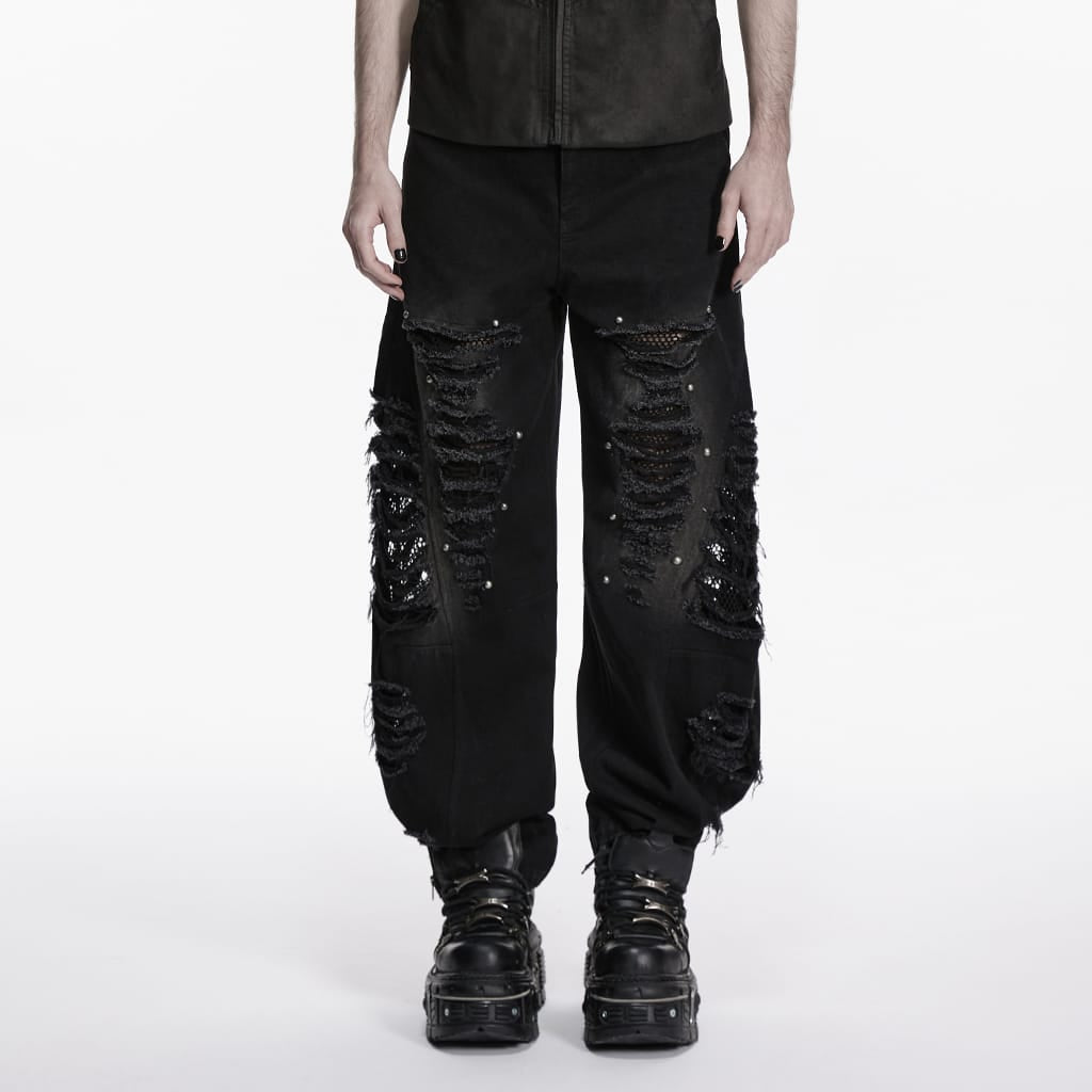 PUNK RAVE Men's Punk Rivets Mesh Splice Tattered Pants