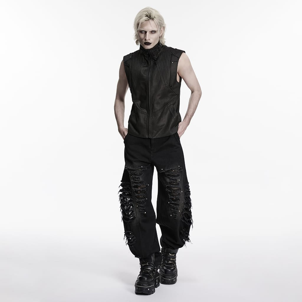 PUNK RAVE Men's Punk Rivets Mesh Splice Tattered Pants