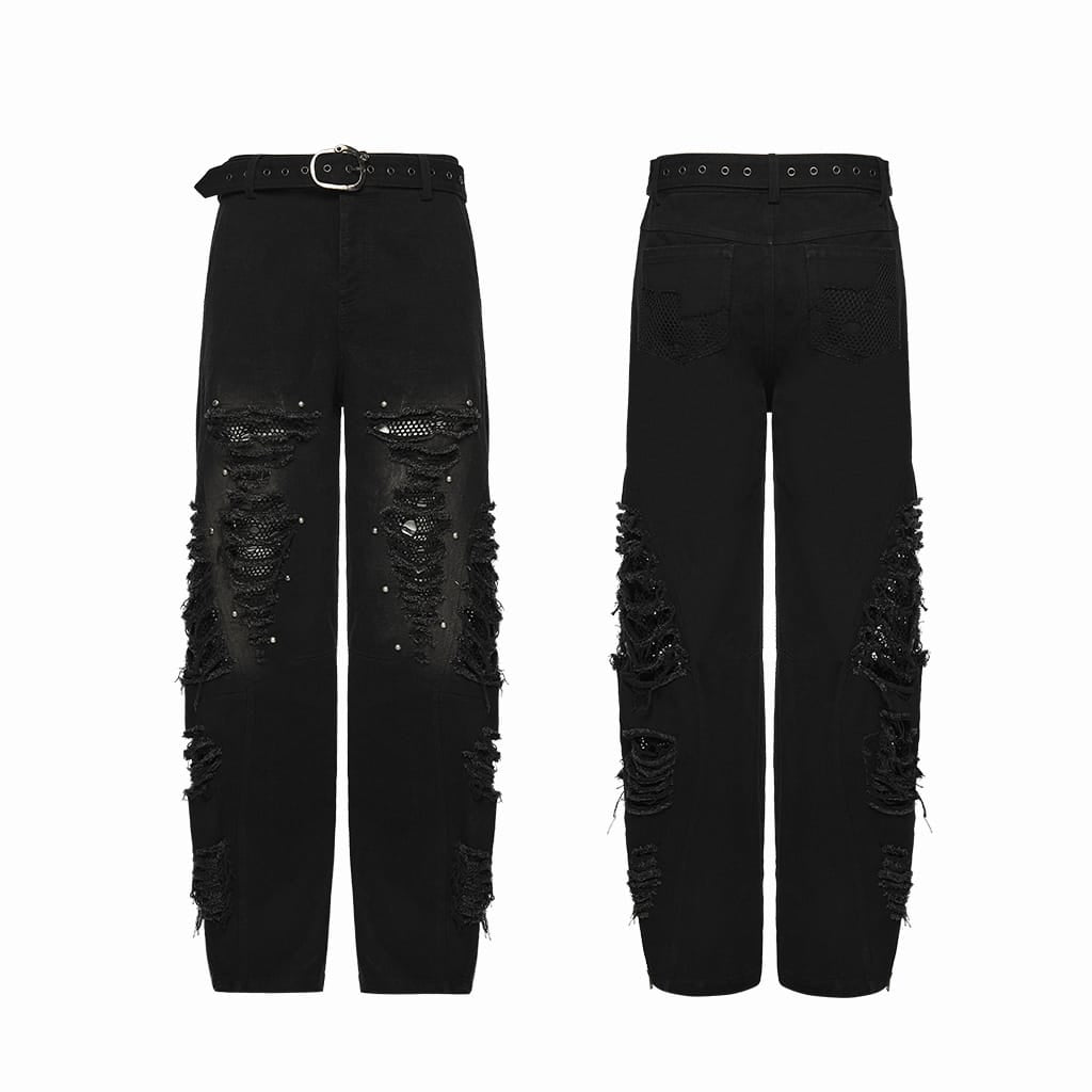 PUNK RAVE Men's Punk Rivets Mesh Splice Tattered Pants
